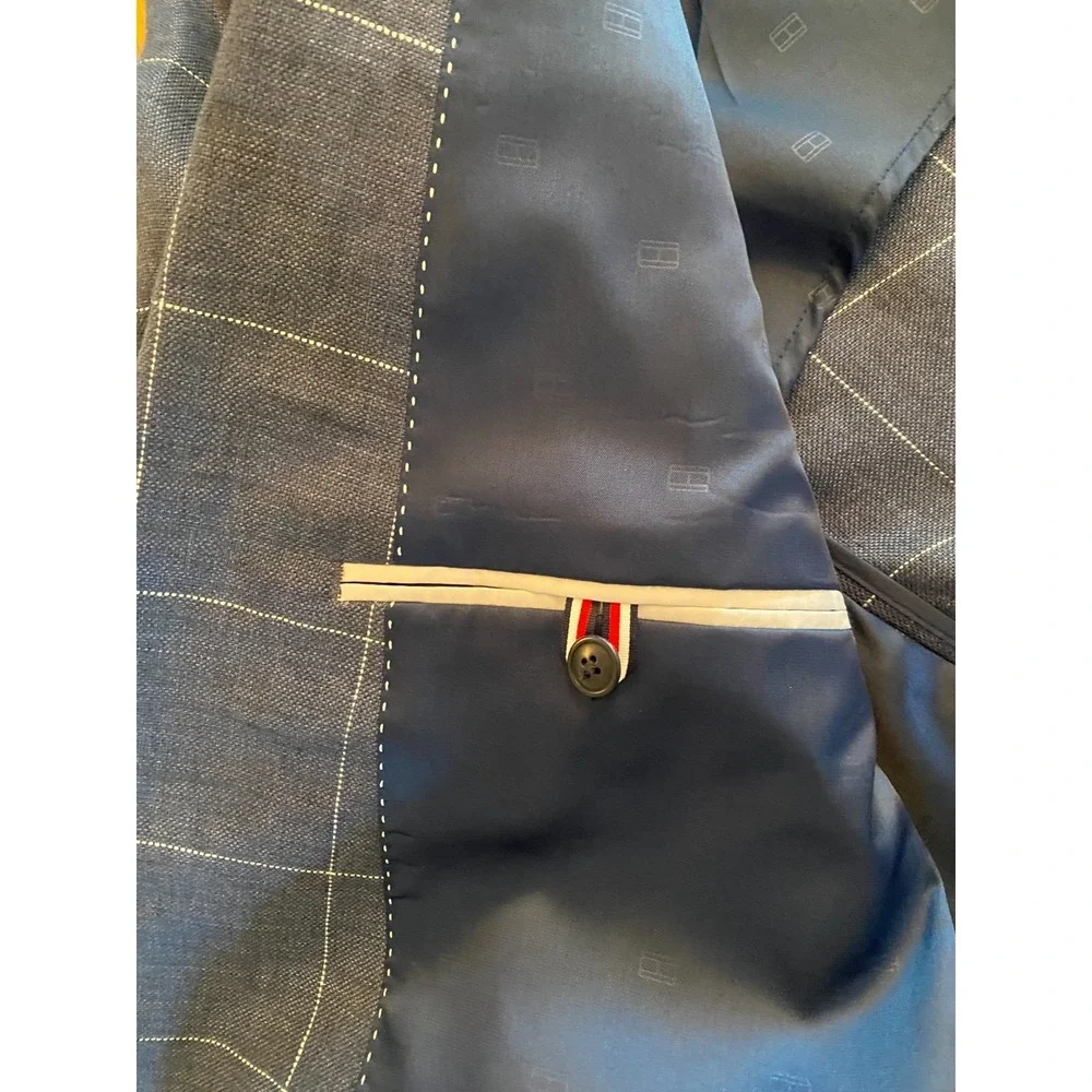 Tommy Hilfiger Blue Linen Windowpane Sport Coat Blazer Jacket Mens 46R